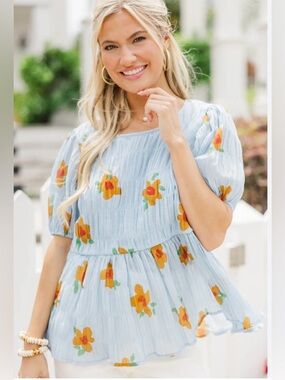 Light Blue Floral Peplum Blouse with Puff Sleeves